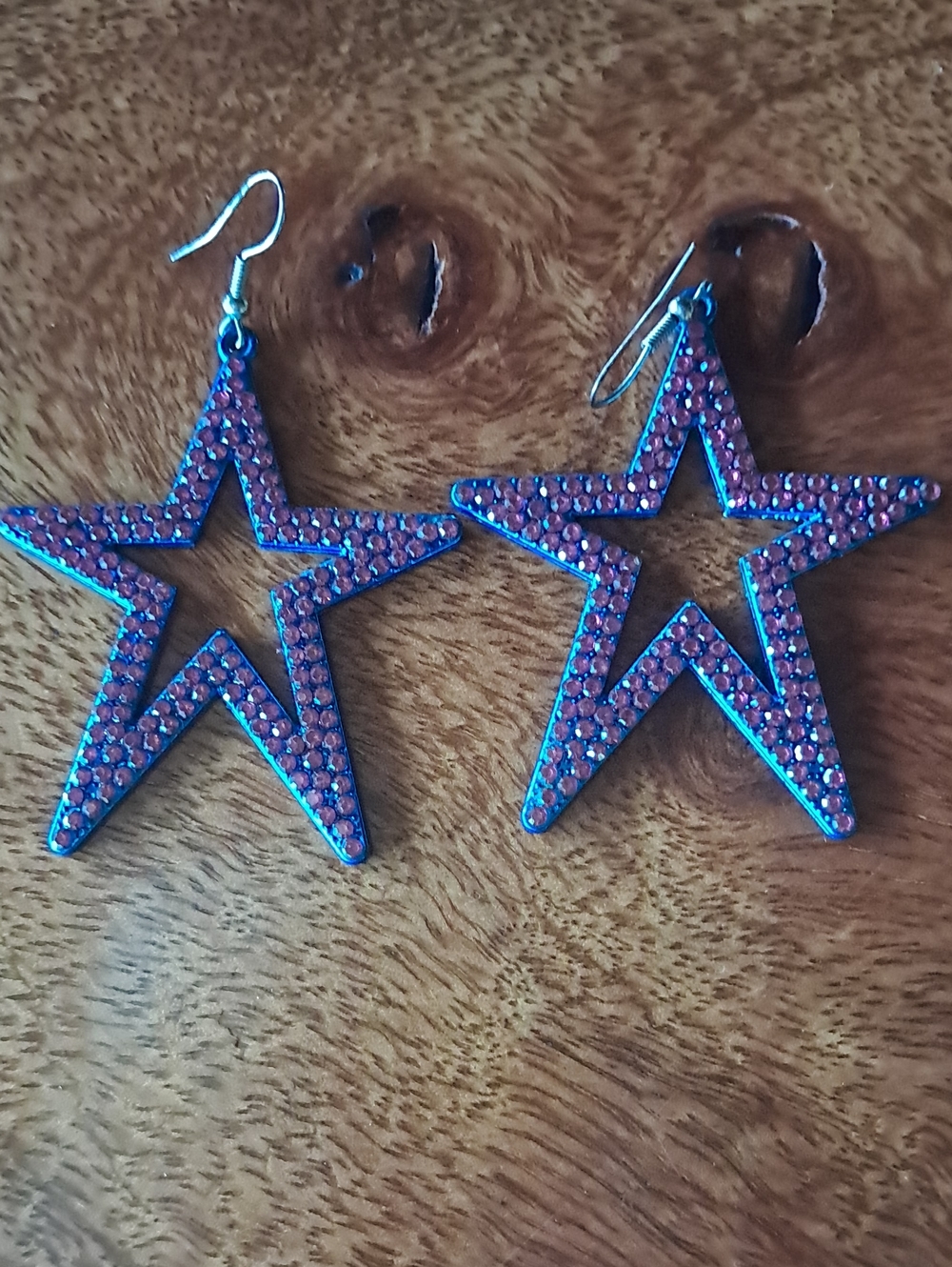 Fish Hook Pink Hematite Like Star Earrings - Pink and Blue